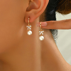 Золотой Милые серьги-кольца из нержавеющей стали с бантиками, с прозрачным кубическим цирконием и жемчугом, элегантный и универсальный модный аксессуар, золотые, 30x7.8 мм