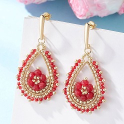 Красный Серьги-гвоздики со стеклянными бусинами и окрашенным натуральным малайзийским нефритом, золотые, с 304 серьгами из нержавеющей стали, красные, 51.5x26.5 мм