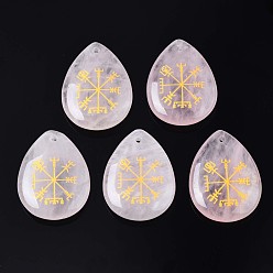 Розовый Кварц Природного розового кварца подвески, слеза с северным языческим узором, 32~33.5x25~26x6.5~7.5 мм, отверстие : 2 мм, 6 шт / пакет