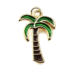 Дерево Латунь эмаль подвески, с целью перехода в кольце, стойки покрытие, долговечный, без свинца и без кадмия, реальный 18 k позолоченный, кокосовая пальма, 24.5x16.5x2.5 мм, отверстие : 3 мм