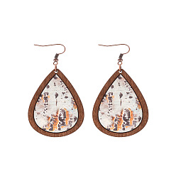 Античный Белый Деревянные болтаться серьги, Красная медь, слезинка с узором, Красная медь, старинный белый, 80x36 мм