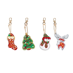 Mixed Shapes Christmas Theme DIY Diamond Painting Keychain Kit, Including Acrylic Board, Keychain Clasp, Bead Chain, Resin Rhinestones Bag, Diamond Sticky Pen, Tray Plate and Glue Clay, Mixed Shapes, 70mm, 4pcs/set