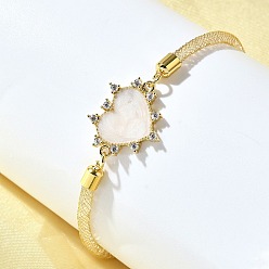 Настоящее золото 18K Латунные браслеты с микропаве из прозрачных кубических цирконий для женщин, сердце, реальный 18 k позолоченный, 7 дюйм (17.8 см)