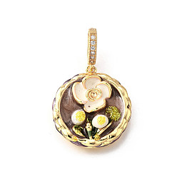 Кокосово-Коричневый Латунные подвески с микропаве из кубического циркония и эмали, плоский круглый с цветными чарами, с блестящей пудрой и натуральным пресноводным жемчугом, без никеля , реальный 18 k позолоченный, кокосового коричневый, 23.5x21.5x8.5 мм, отверстие : 6.5x4.5 мм