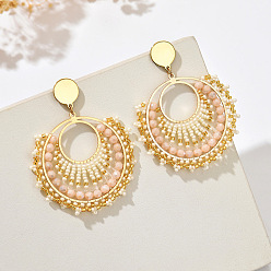 Кукурузный Шелк Плоские круглые 304 серьги-гвоздики из нержавеющей стали с бусинами из стекла, золотые, цвет колоса кукурузы, 70x52 мм