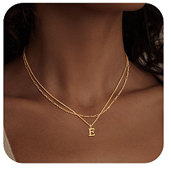Letter E Сплав начальный кулон двухслойные ожерелья для женщин мужчин, золотые, Письмо E, 17.72 дюйм (45 см)