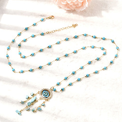 Настоящее золото 18K Подвески в стиле бохо из латуни и смолы с изображением сглаза, украшенные кисточкой из окрашенной натуральной крошки говлита., стойки покрытие, долговечный, без кадмия и без свинца, бирюзовые, реальный 18 k позолоченный, 29.53 дюйм (75 см)