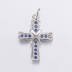 Real Platinum Plated Brass Micro Pave Cubic Zirconia Pendants, Long-Lasting Plated, Real Platinum Plated, Cross, Dark Blue, 19x14x2mm, Hole: 2.5mm