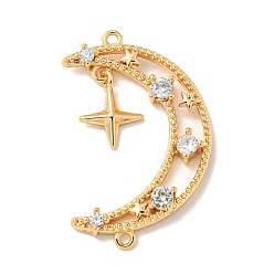 Настоящее золото 18K Латунные микропаве прозрачные подвески с фианитом, без кадмия, без никеля и без свинца, Луна и звезды, реальный 18 k позолоченный, 27~28x17x3 мм, отверстие : 1 мм
