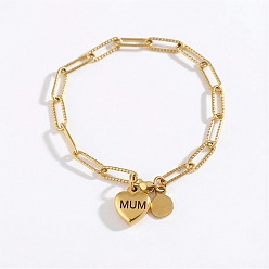 304 Stainless Steel День матери 304 Браслеты из нержавеющей стали в виде цепочки из скрепок, браслеты с подвесками для женщин, сердце со словом мама, золотые, 7.09 дюйм (18 см)