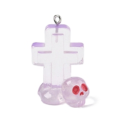 Cross Подвески из прозрачной смолы на Хэллоуин, с платиновым железным обручем, крестик, 35x23x20 мм, отверстие : 2 мм