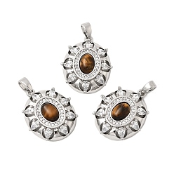 Платина Природных тигровый глаз подвески, подвески-цветы с латунными подвесками-паве из прозрачных кубических цирконий, платина, 21.5x18x6.5 мм, отверстие : 5x3 мм