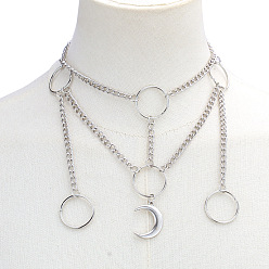 Платина Многослойные колье-чокеры с кисточками из цинкового сплава в форме луны и кольца, платина, 13.78 дюйм (35 см), кулон: 27x23 мм & 25 мм