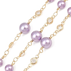 Lilac Rack Plating Brass & Round ABS Imitation Pearl & Glass Beaded Link Chains, Soldered, Light Gold, Lilac, 2000x8mm