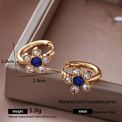 Flower 304 Stainless Steel Rhinestone Hoop Earrings for Women, Golden, Flower, 20x20mm
