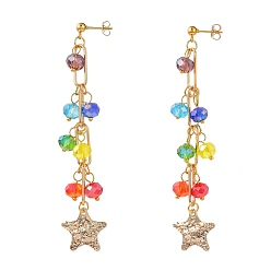 Golden Chakra Jewelry, Dangle Stud Earrings, with Glass Beads, Iron Paperclip Chains, 304 Stainless Steel Stud Earring Findings, Brass Star Pendants & Ear Nuts, Golden, 90mm, Pin: 0.8mm