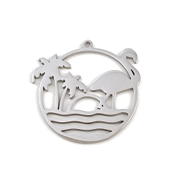 Нержавеющая Сталь Цвет 201 подвески из нержавеющей стали, плоский круг с кокосовой пальмой и фламинго, анти-тускнение, цвет нержавеющей стали, 29.5x30x1 мм, отверстие : 1.5 мм