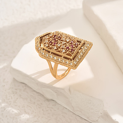 Бледно-фиолетовый Красный Кольца для женщин с геометрическим узором из латуни с микропаве из кубических цирконий, золотые, бледно-фиолетовый красный, 31x20 мм, внутренний диаметр: регулируемый