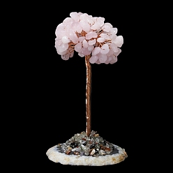 Quartz Rose Décorations d'arbre en copeaux de quartz rose naturel, Base de pierres précieuses avec fil de cuivre, cadeau de pierre énergétique feng shui pour la maison et le bureau, 60x60x110mm
