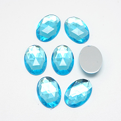 Cyan Acrylic Rhinestone Flat Back Cabochons, Faceted, Bottom Silver Plated, Oval, Cyan, 18x13x4.5mm