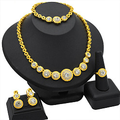 Золотой Комплекты украшений из плоских круглых сплавов со стразами, включая ожерелья и браслеты и серьги и кольца, золотые, серьги: 35x15 mm