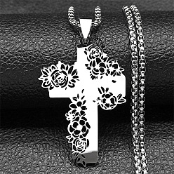 Нержавеющая Сталь Цвет 201 ожерелья с полыми розами и крестами из нержавеющей стали, цвет нержавеющей стали, 23.03 дюйм (58.5 см)