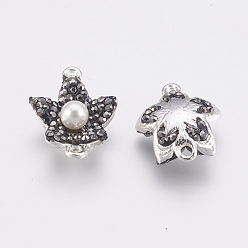 Серебро Соединители звеньев сплава, с полимерным глинистым горным хрусталем и акриловой имитационной жемчужиной, лист, серебряный цвет гальваническим, 19x15x7 мм, отверстие : 1.2 мм