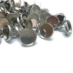 Stainless Steel Color 304 Stainless Steel Flat Round Stud Earring Settings, Earring Posts, Stainless Steel Color, Tray: 12mm, 14mm, Pin: 1mm