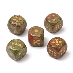 Unakite Natural Unakite Dices, Engraved Gold Dot 6 Sided Crystal Stone Dice for Tabletop RPG Board Game, 14~16.5x14~16.5x14~16.5mm