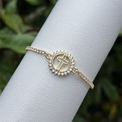 Cross Bracelet de tennis ajustable en laiton pavé de zirconiums cubiques transparents, style religieux, pour femmes., réel 18 k plaqué or, croix, 5.91 pouces (15 cm) ~9.84 pouces (25 cm)