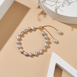 Light Grey Dyed Natural Pearl & Brass Round Beaded Slider Bracelet, Adjustable Bracelet with Golden 304 Stainless Steel Box Chains for Women, Light Grey, Inner Diameter: 1-3/4~3 inch(4.5~7.5cm)