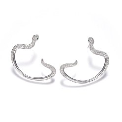 Platinum Brass Studs Earrings, with Micro Pave Cubic Zirconia, Snake, Clear, Platinum, 48x46.5x4.2mm, Pin: 0.7mm