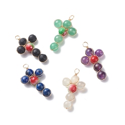 Mixed Stone Round Natural Mixed Stone Copper Wire Wrapped Pendants, with Spray Painted Resin Round Beads, Light Gold, Cross Charms, 43~45x23~25x8.5mm, Hole: 4mm