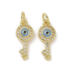 Light Sky Blue Real 18K Gold Plated Brass Micro Pave Cubic Zirconia Pendants, Cadmium Free & Nickel Free & Lead Free, with Enamel and Jump Ring, Key Charms, Light Sky Blue, 17.5x7x2mm, Hole: 3.4mm