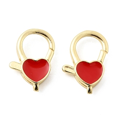 Красный Застежки в виде клешней омбара из латуни с эмалью в форме сердца, без свинца и без кадмия, долговечный, стойки покрытие, реальный 18 k позолоченный, красные, 20x14x5.5 мм, отверстие : 1.5 мм
