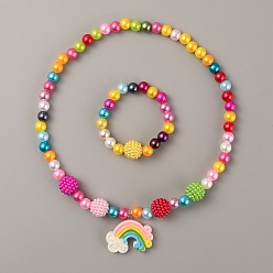 Разноцветный Пластиковое радужное ожерелье с подвеской и круглый эластичный браслет из бусин, милый комплект украшений из искусственного жемчуга для детей, красочный, 16-1/2 дюйм (42 см), внутренний диаметр: 1-5/8 дюйм (4.2 см)