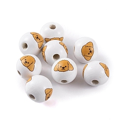 White Wood European Beads, Round with Dog Pattern, White, 16x15mm, Hole: 4.5mm