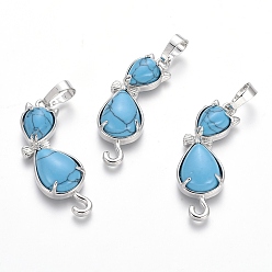 Синтетическая Бирюза Кулоны с котенком из синтетической бирюзы, с латунной фурнитурой платинового цвета, кошка в форме банта, 35.5x12x6 мм, отверстие : 5x7 мм