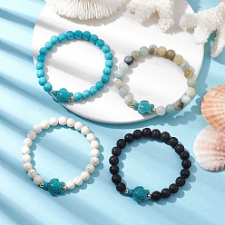 Mixed Stone 4Pcs Round Mixed Gemstone Beaded Stretch Bracelets, Summer Beach Turtle Synthetic Turquoise Bracelets for Women Men, Inner Diameter: 2-1/8 inch(5.5cm), Beads: 7.5~8.5mm