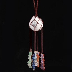 Howlite Round Natural Howlite Pouch Pendant Decorations, Braided Thread and Gemstone Chip Tassel Hanging Ornaments, 210x30mm