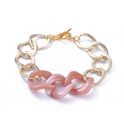 Rosy Brown Chain Bracelets, with Aluminum Curb Chains, Acrylic Linking Rings and Alloy Toggle Clasps, Light Gold, Rosy Brown, 7-5/8 inch(19.5cm)