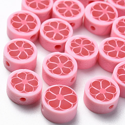 Indian Red Handmade Polymer Clay Beads, Flat Round with Flower, Indian Red, 9~10x4~5mm, Hole: 1.4mm