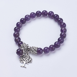 Аметист Браслеты из натурального аметиста, с подвесками из дерева дерева, с мешковинами для мешков с мешковиной, античное серебро, 2-3/8 дюйм (60 мм)