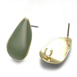 Green Alloy Stud Earring Findings, with Loop, Enamel and Steel Pins, Teardrop, Light Gold, Green, 22x13mm, Hole: 3mm, Pin: 0.7mm