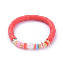 Rouge Bracelets élastiques faits à la main de perles heishi en pâte polymère, avec perle baroque naturelle perles de keshi, rouge, 2-1/8 pouce (5.5 cm)