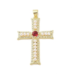 (123L) Белый крем непрозрачный блеск Настоящие 18 k позолоченные латунные подвески с микропаве и кубическим цирконием, без кадмия, без никеля и без свинца, со стеклом и абс пластиком имитация жемчуга, крестик, огнеупорный кирпич, 36x25x4 мм, отверстие : 3.4x4 мм