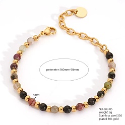 Турмалин Женские браслеты из круглых бусин из натурального турмалина в богемном стиле, застежка из нержавеющей стали, реальный 18 k позолоченный, 6-1/4 дюйм (16 см)
