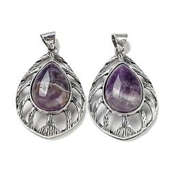 Amethyst Natural Amethyst Pendants, Antique Silver Plated Alloy Teardrop Charms, 48.5x33x12~13mm, Hole: 8x6.5mm