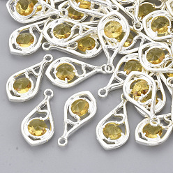 Золотистый Граненые подвески стекла, с настройками открытой спины из экологически чистого сплава, без никеля , слеза, серебряный цвет гальваническим, золотые, 21x11x3.5 мм, отверстие : 1.6 мм