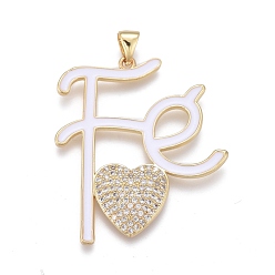 White Brass Micro Pave Cubic Zirconia Pendants, with Enamel, Long-Lasting Plated, Golden, Letter and Heart, White, 35x30.5x3mm, Hole: 3x5mm
